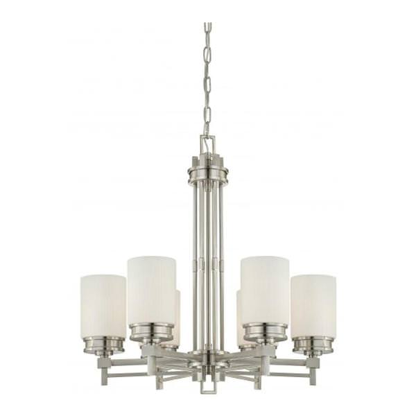 6 Light Brushed Nickel White Satin Glass Shades Chandelier Light Fixture