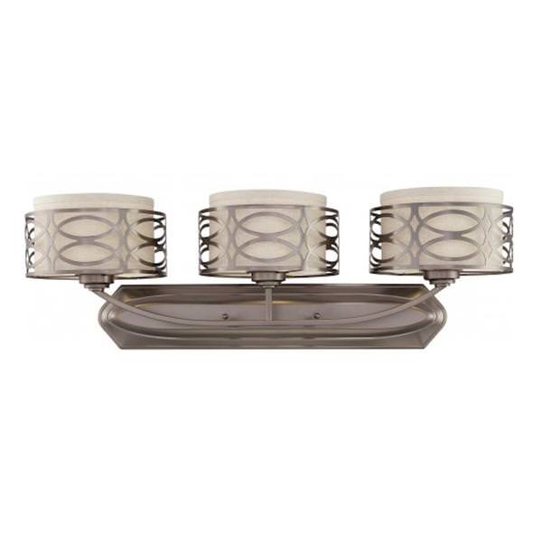 3 Light Hazel Bronze Khaki Fabric Shades Cream Diffusers Vanity Light Fixture