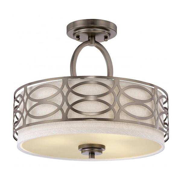 3 Light 15" Round Hazel Bronze Khaki Fabric Shade Cream Diffuser Ceiling Light Fixture