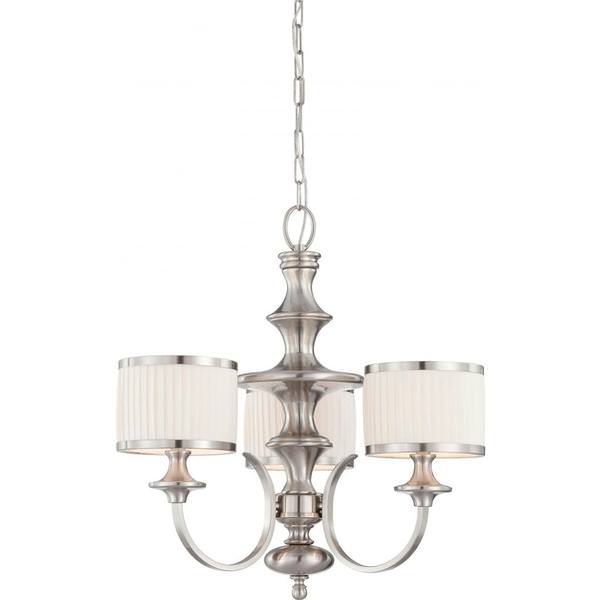 3 Light Brushed Nickel White Pleated Fabric Shades Chandelier Light Fixture