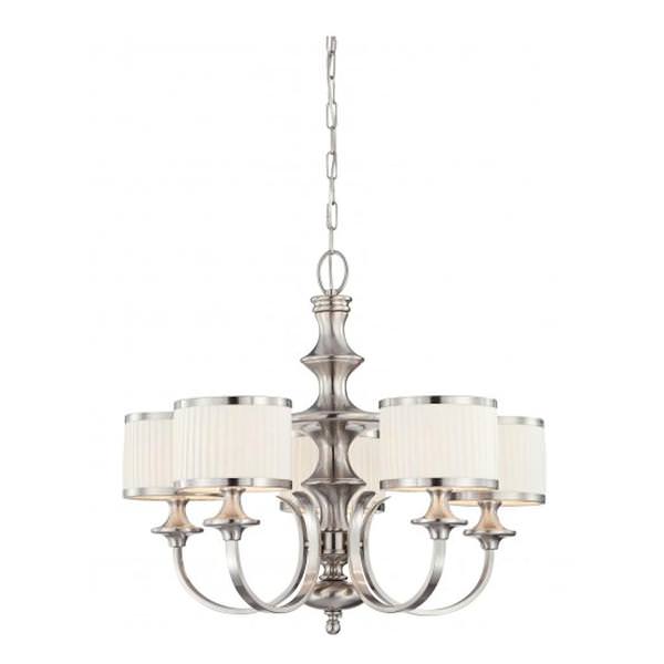 5 Light Brushed Nickel White Pleated Fabric Shades Chandelier Light Fixture
