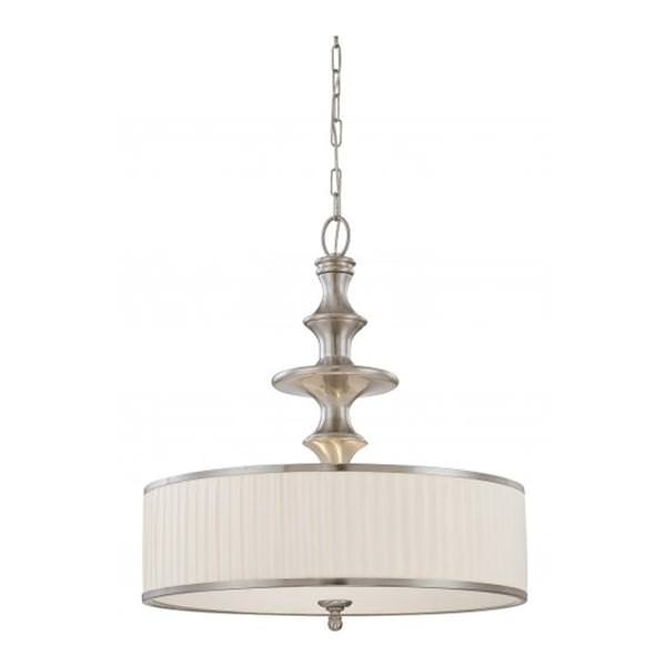 3 Light Brushed Nickel Whited Pleated Fabric Shade Pendant Light Fixture