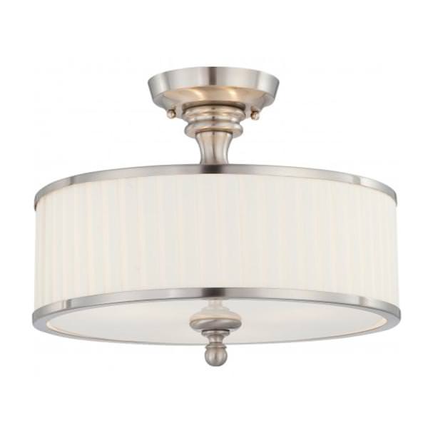 3 Light 15" Round Brushed Nickel White Pleated Fabric Shade Ceiling Light Fixture