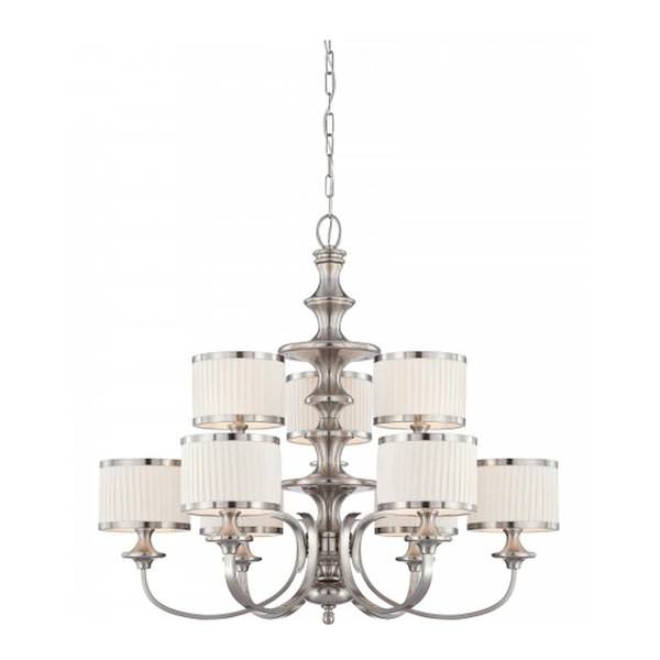 9 Light Brushed Nickel White Pleated Fabric Shades Chandelier Light Fixture