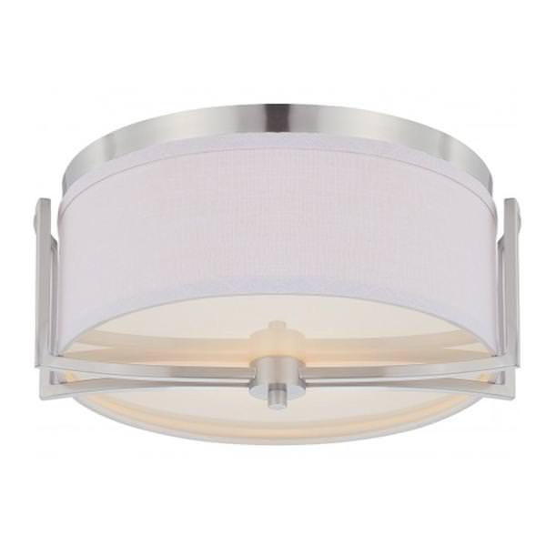 2 Light 15" Round Brushed Nickel Slate Gray Fabric Shade Ceiling Light Fixture