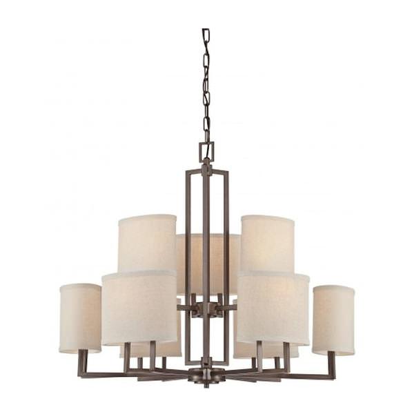 9 Light Hazel Bronze Khaki Fabric Shades Chandelier Light Fixture