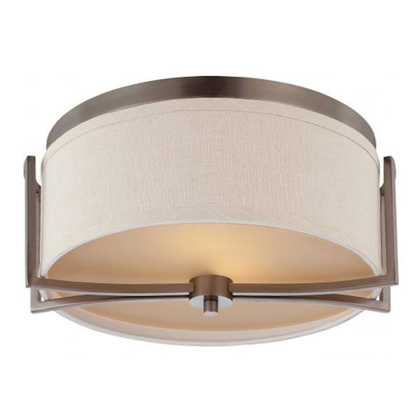 2 Light 15" Round Hazel Bronze Khaki Fabric Shade Ceiling Light Fixture