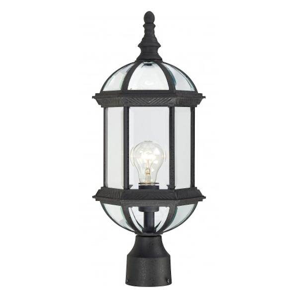 1 Light 19" Textured Black Clear Beveled Glass Shade Post Lantern Light Fixture