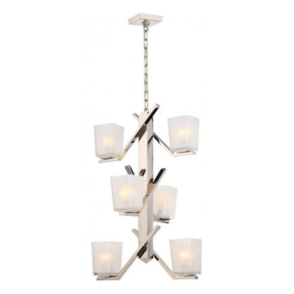 6 Light Polished Nickel Etched Sandstone Glass Shades Pendant Light Fixture