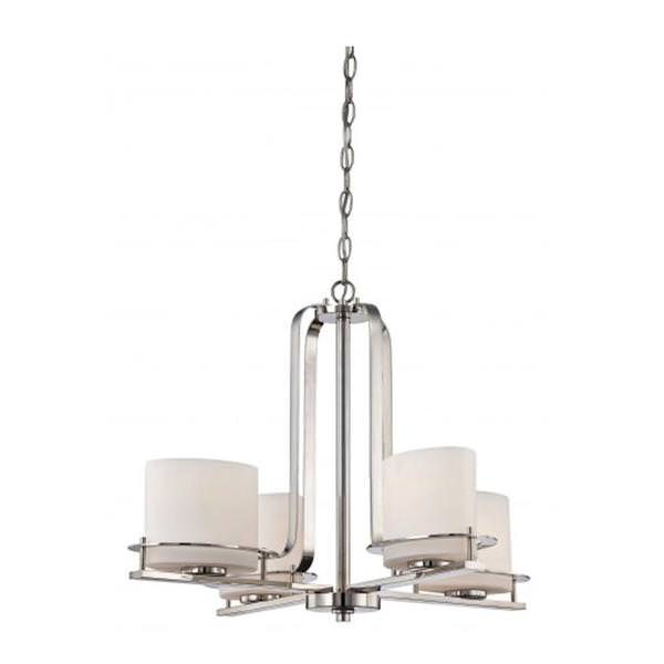 4 Light Polished Nickel Etched Opal Glass Shades Chandelier Light Fixture
