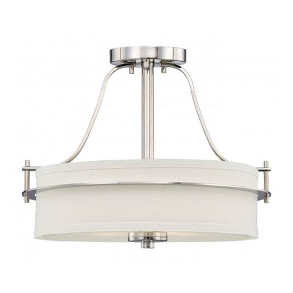 2 Light 15" Round Polished Nickel White Linen Shade Ceiling Light Fixture
