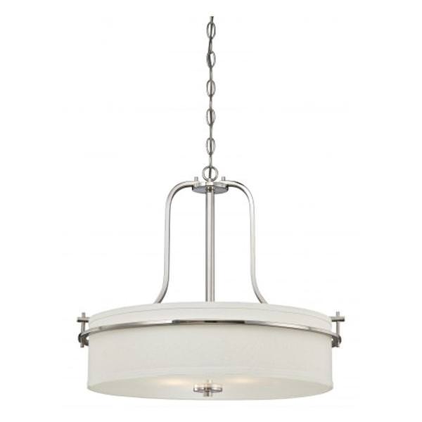 3 Light Polished Nickel White Linen Glass Shade Pendant Light Fixture