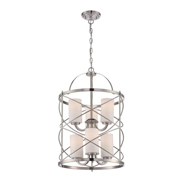6 Light Brushed Nickel Etched Opal Glass Shades Chandelier Light Fixture