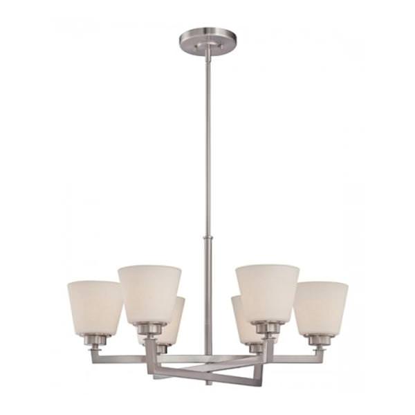 6 Light Brushed Nickel Satin White Glass Shades Chandelier Light Fixture