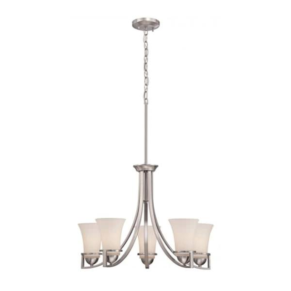5 Light Brushed Nickel Satin White Glass Shades Chandelier Light Fixture