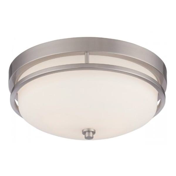 2 Light 13" Round Brushed Nickel Satin White Glass Shade Ceiling Light Fixture