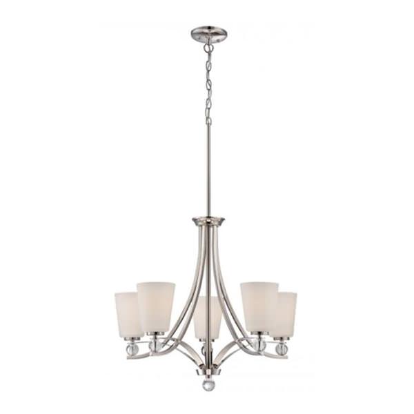 5 Light Polished Nickel Satin White Glass Shades Chandelier Light Fixture