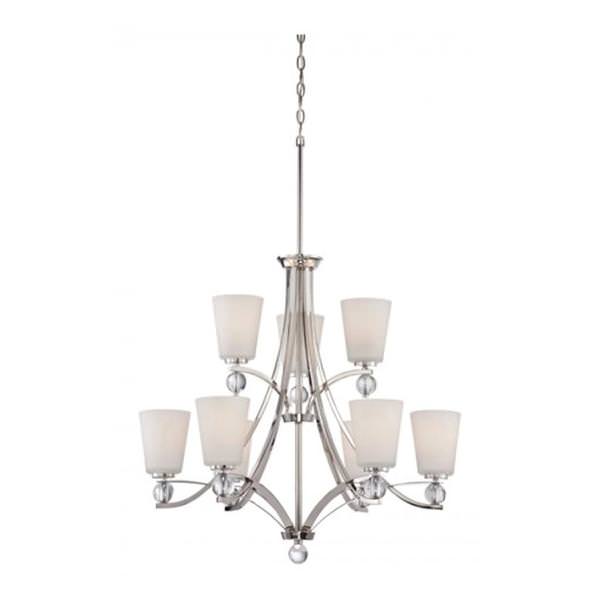 9 Light Polished Nickel Satin White Glass Shades Chandelier Light Fixture