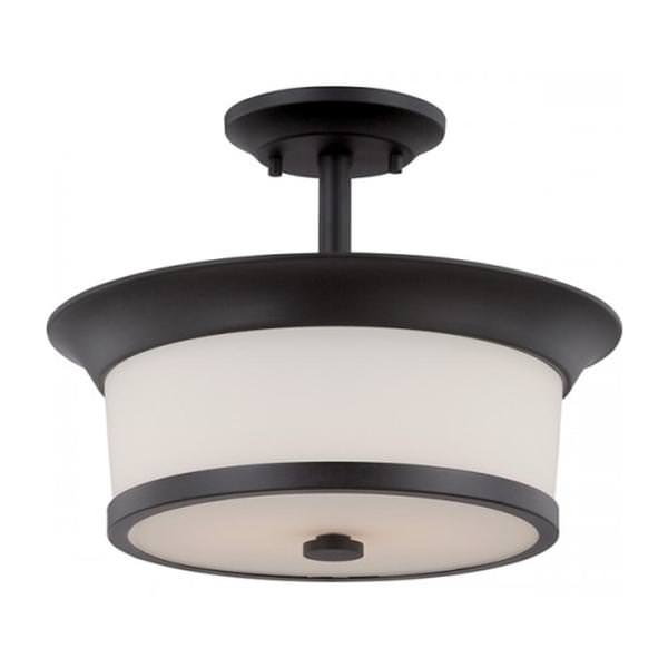 2 Light Aged Bronze Satin White Glass Shade Ceiling Light Fixture