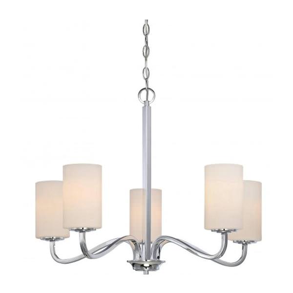 5 Light Polished Nickel White Glass Shades Chandelier Light Fixture