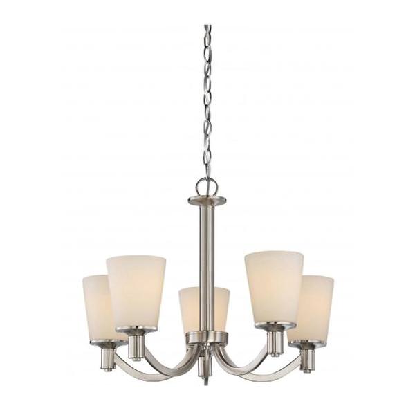 5 Light Brushed Nickel White Glass Shades Chandelier Light Fixture