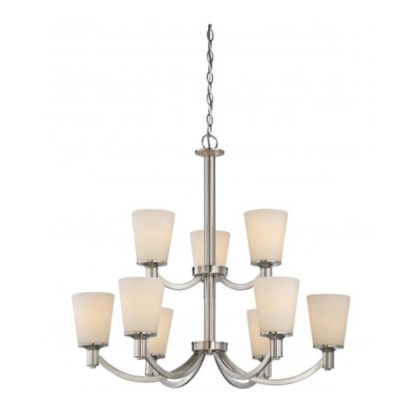 9 Light Brushed Nickel White Glass Shades Chandelier Light Fixture