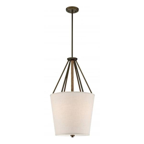3 Light Mahogany Bronze Beige Linen and Etched Glass Diffuser Pendant Light Fixture