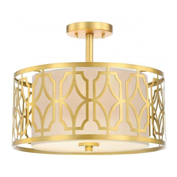 2 Light 15" Round Natural Brass Beige Linen Fabric Shade Ceiling Light Fixture