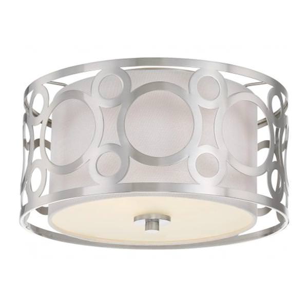 2 Light 15" Round Brushed Nickel White Linen Fabric Shade Ceiling Light Fixture