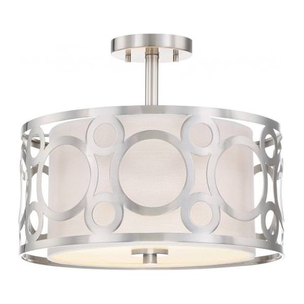 2 Light Brushed Nickel White Linen Fabric Shade Ceiling Light Fixture