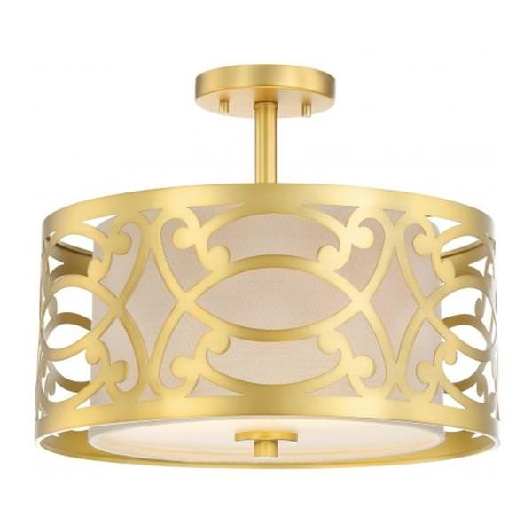2 Light 15" Round Natural Brass Beige Linen Fabric Shade Ceiling Light Fixture