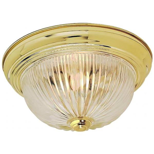 2 Light 11" Polished Brass Clear Ribbed Glass Shade Ceiling Light Fixture