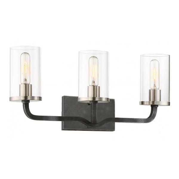 3 Light Iron Black Clear Glass Shade Vanity Light Fixture