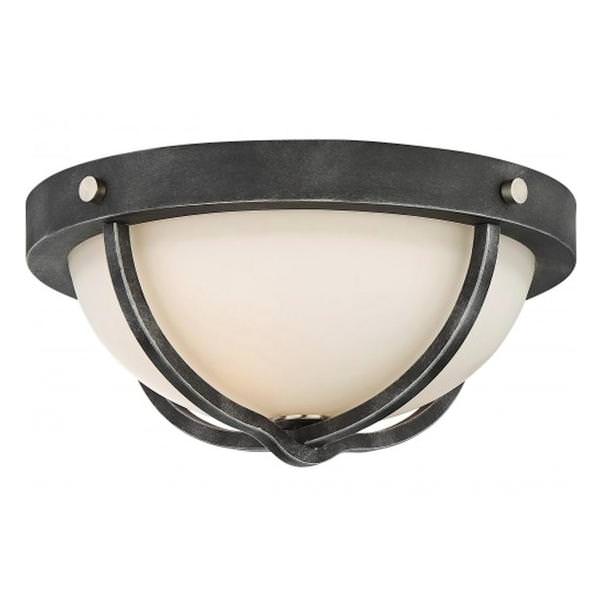 2 Light Iron Black with Brushed Nickel Accents Frosted Etched Glass Shade Ceiling Light Fixture