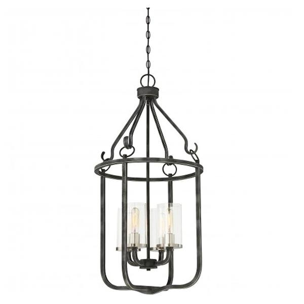 4 Light Iron Black Clear Glass Shades Caged Pendant Light Fixture