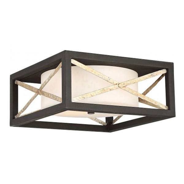 2 Light Matte Black with Antique Silver Accents Satin White Glass Shade Ceiling Light Fixture