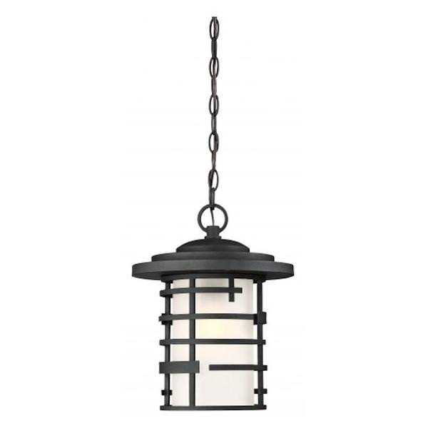 1 Light 11" Textured Black Etched Glass Shade Hanging Lantern Light Fixture