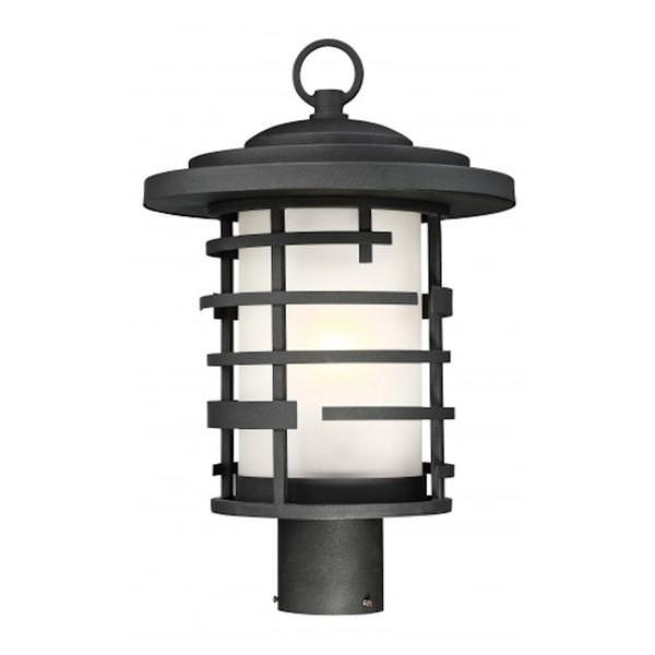 1 Light 17" Textured Black Etched Glass Shade Post Lantern Light Fixture
