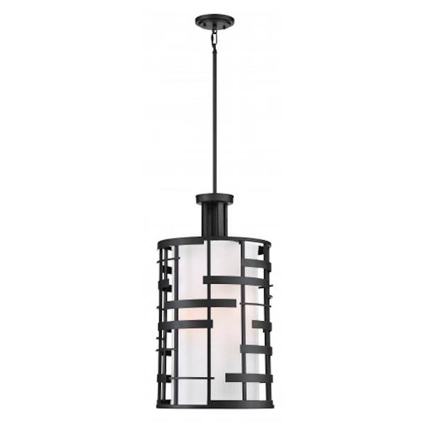 4 Light Textured Black White Fabric and Etched Glass Shade Pendant Light Fixture