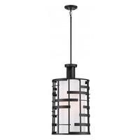 View 4 Light Textured Black White Fabric and Etched Glass Shade Pendant Light Fixture