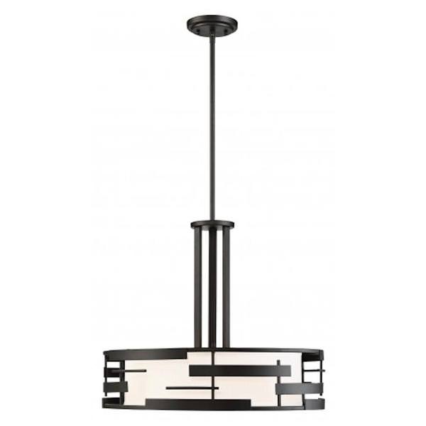 3 Light Textured Black White Fabric and Etched Glass Shade Pendant Light Fixture