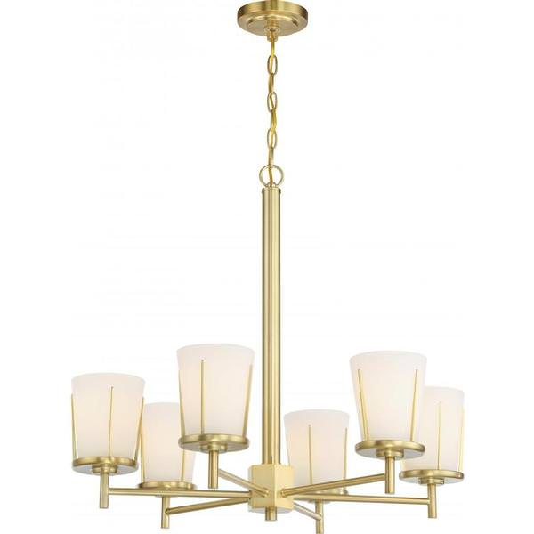 6 Light Natural Brass Satin White Glass Shade Chandelier