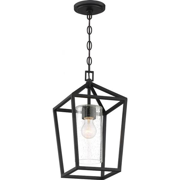 1 Light Matte Black Clear Seeded Glass Shade Hanging Lantern