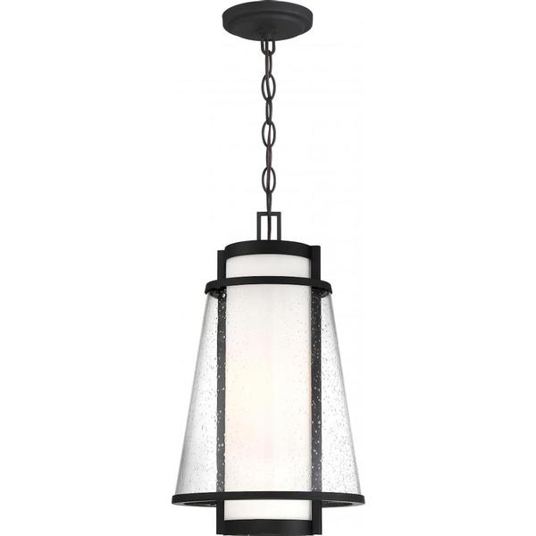 1 Light Matte Black Etched Opal and Clear Glass Shade Hanging Lantern
