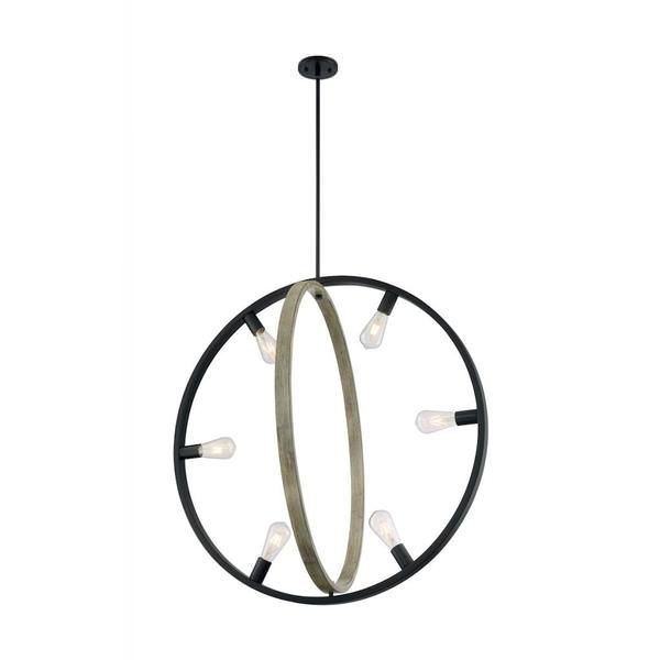 6 Light 120 volt Black with Wood Accents Pendant Light Fixture