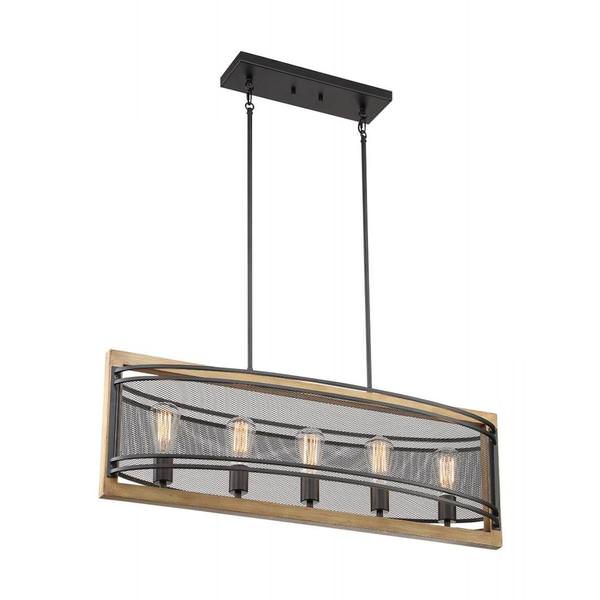 5 Light 120 volt Black Finish with Honey Wood Accents Pendant