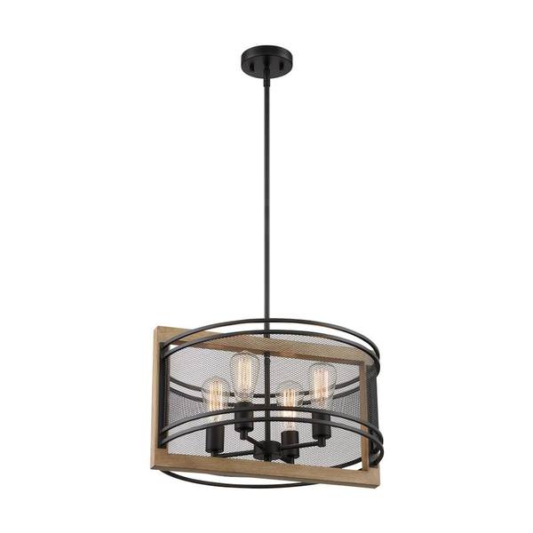 4 Light 120 volt Black Finish with Honey Wood Accents Pendant