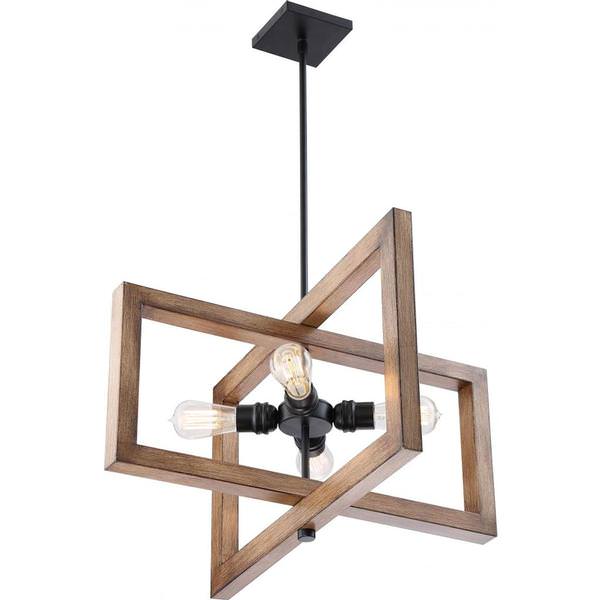 4 Light Black Finish with Honey Wood Accents Pendant