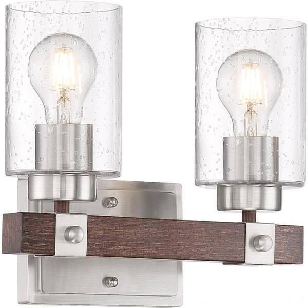 2 Light Brushed Nickel Finish with Nutmeg Wood Accents Vanity Light