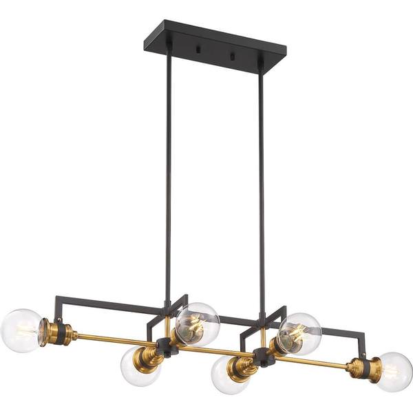 6 Light Black Finish with Warm Brass Accents Pendant